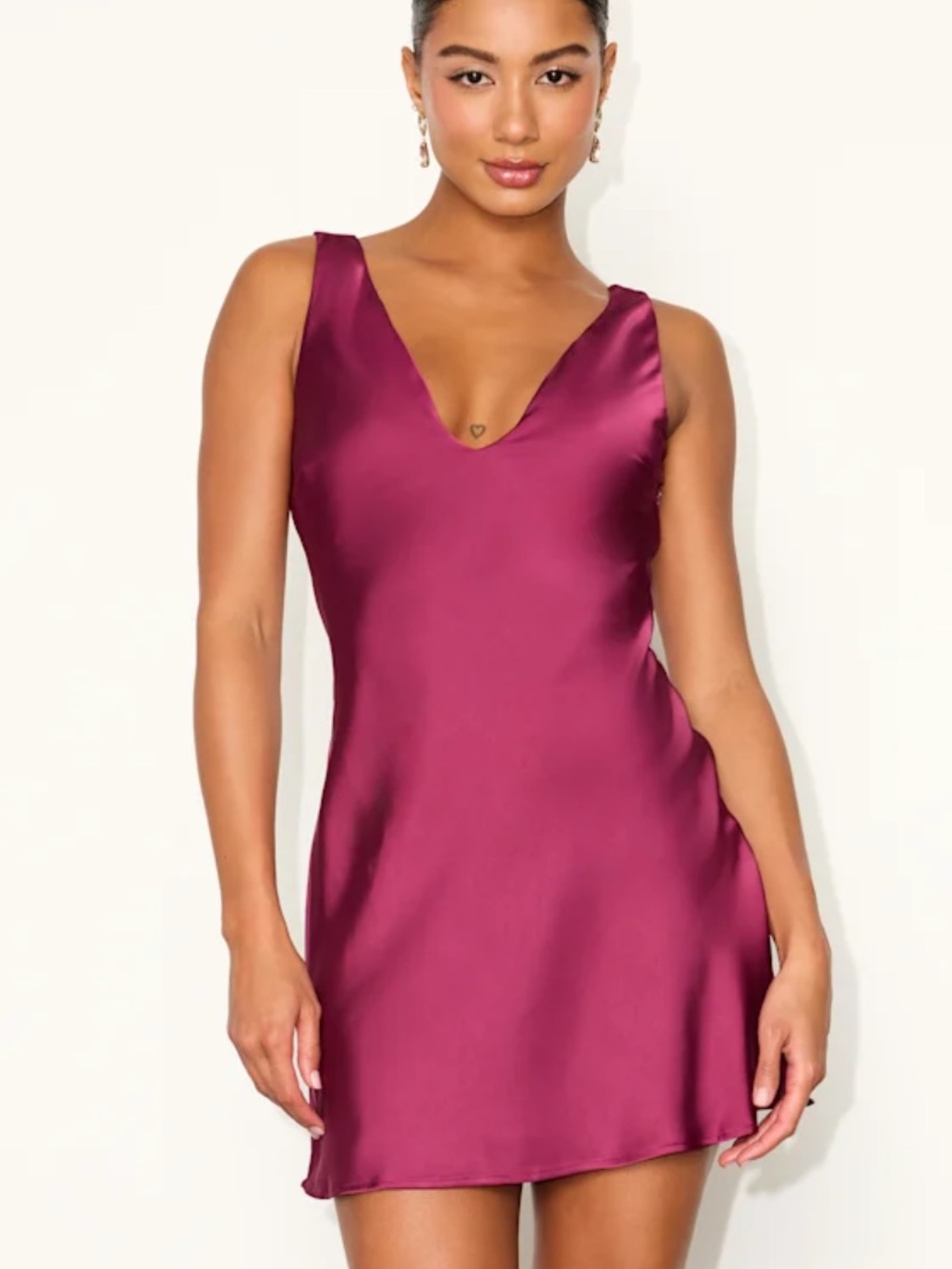 Lulu's Silk-Feel V-Neck Slip Dress in Berry Plum